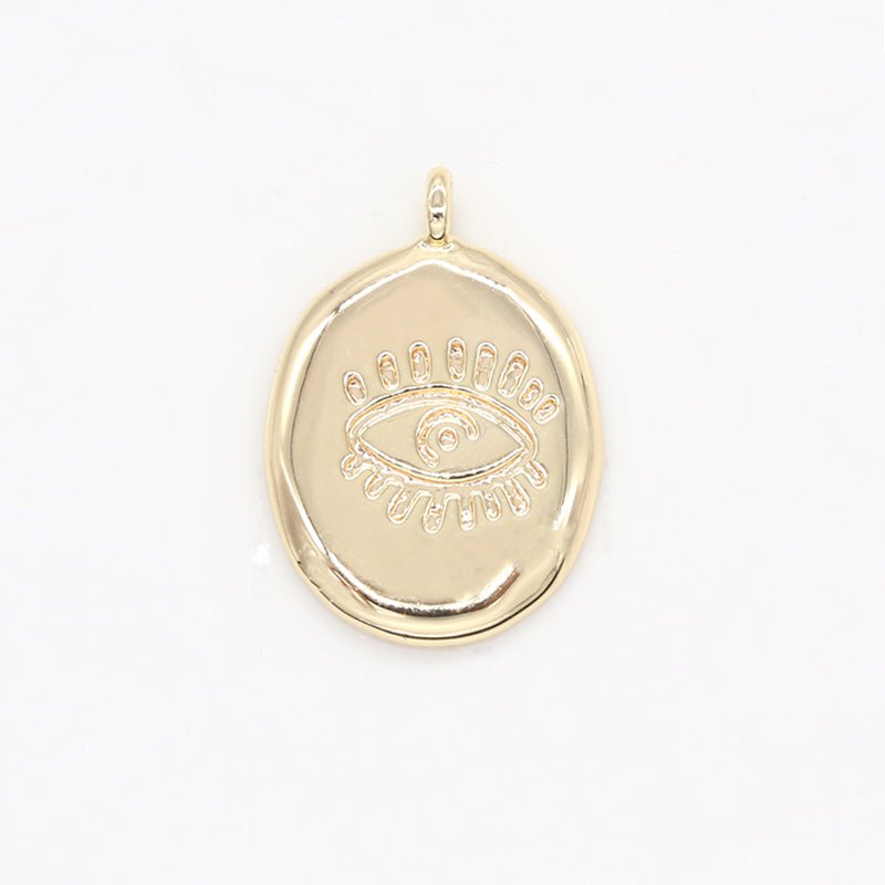 Evil Eye Ornament in Golden Oval Rustic Coin Charm, Gold Plated Evil Eye on Geometric Shape Medallion Charm Pendant GP-134 - DLUXCA
