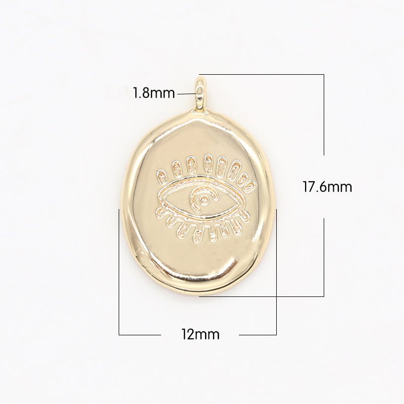 Evil Eye Ornament in Golden Oval Rustic Coin Charm, Gold Plated Evil Eye on Geometric Shape Medallion Charm Pendant GP-134 - DLUXCA