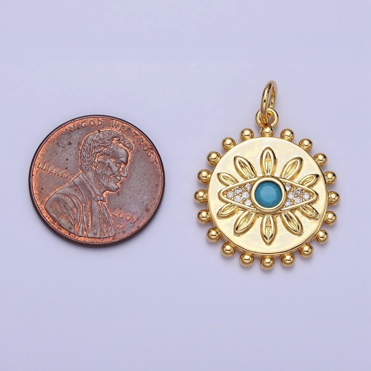 Evil Eye Turquoise Clear Micro Paved CZ Dotted Round Disc Gold Charm | AC362 - DLUXCA