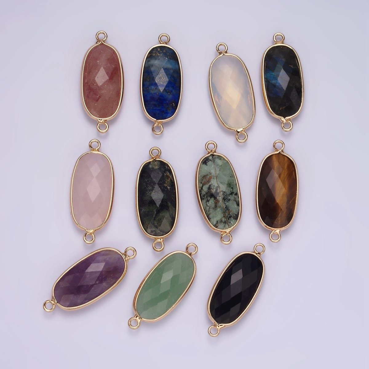 Faceted Gemstone Oval Gold Charm Connector Rose Quartz Onyx Labradorite Amethyst Amazonite Charm G033 - G043