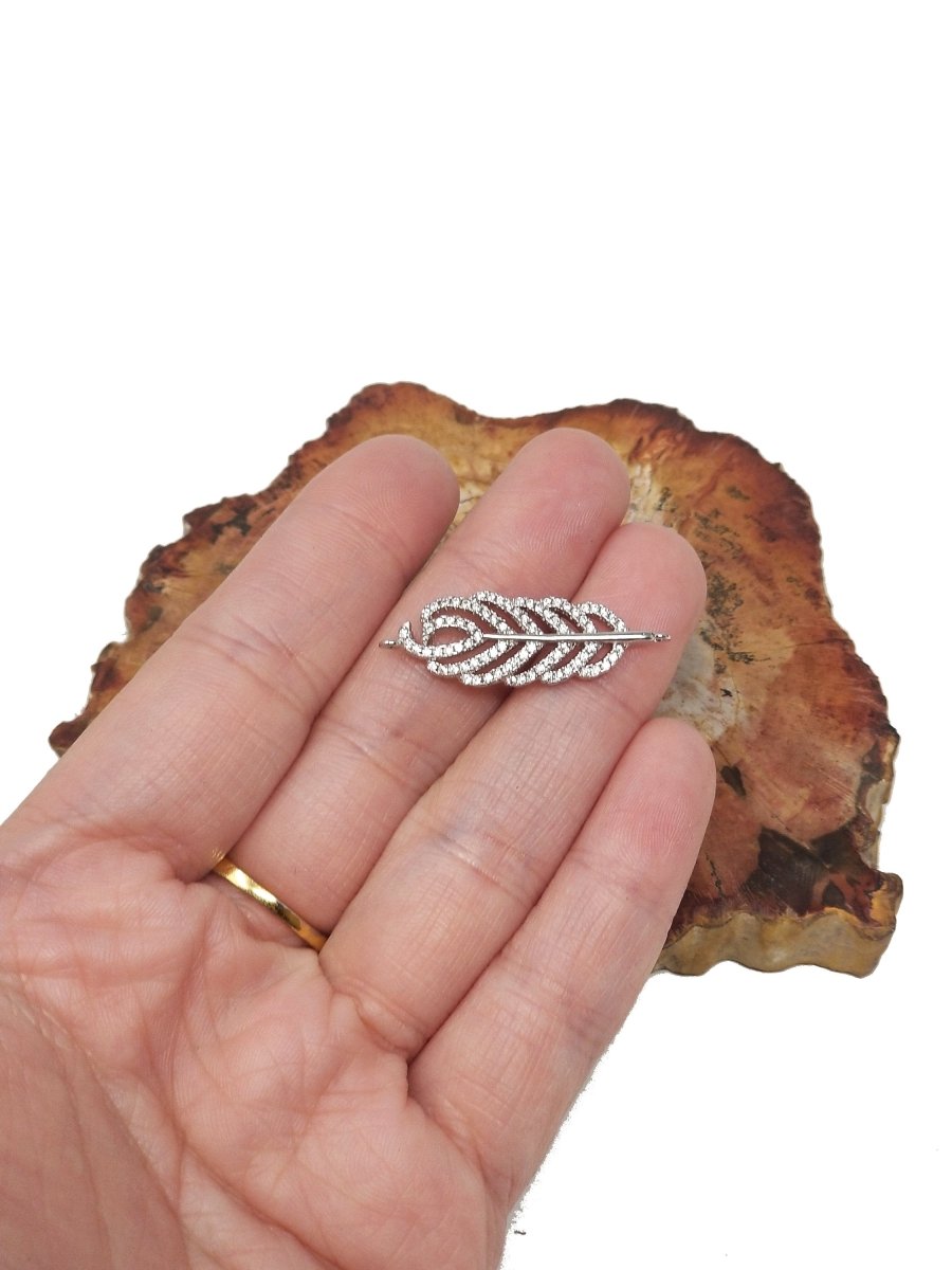 Feather CZ Pave Medium Size White gold Filled Micro Pave Charm Bracelet Connector Link F-278