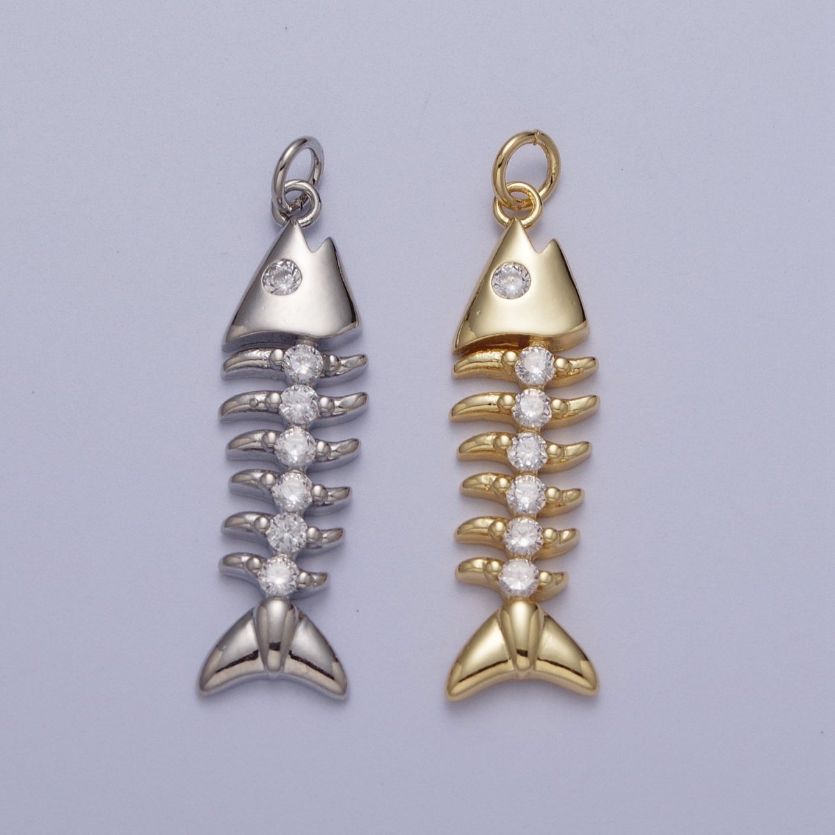 Fish Bone Clear Cubic Zirconia Charm in Gold & Silver E-450 E-488