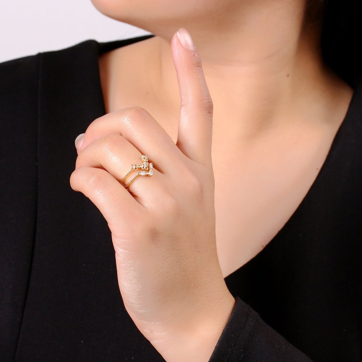 Flower Cubic Mini Charm Ring, Cluster Cubic Pave 18K Rose Gold Ring Solitaire CZ Pendant Double Ring, Dainty ring Charm, RING-283 - DLUXCA