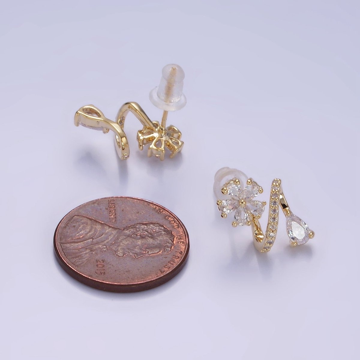 Flower CZ Teardrop Micro Paved Curved Stud Earrings in Gold & Silver | V512 V513