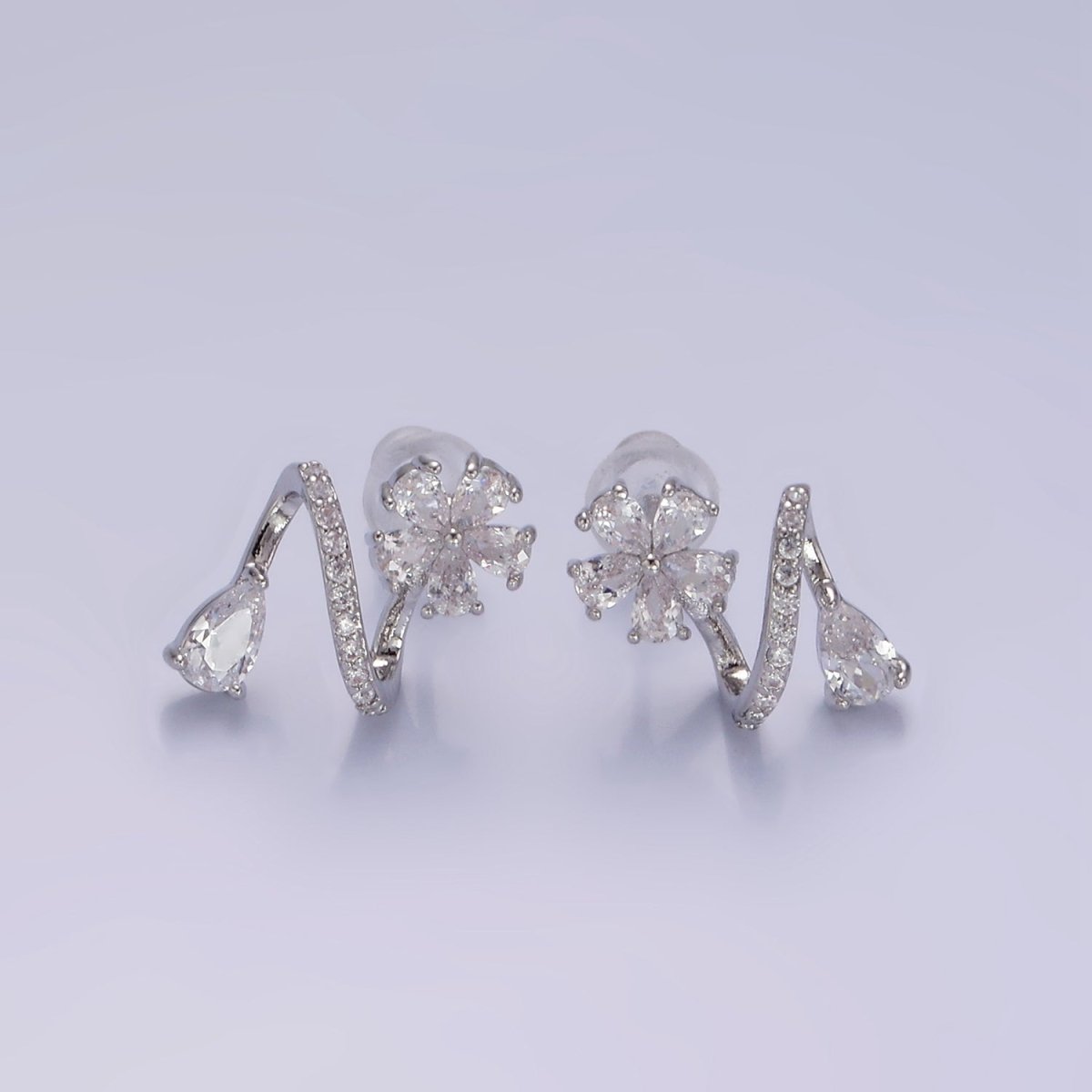 Flower CZ Teardrop Micro Paved Curved Stud Earrings in Gold & Silver | V512 V513