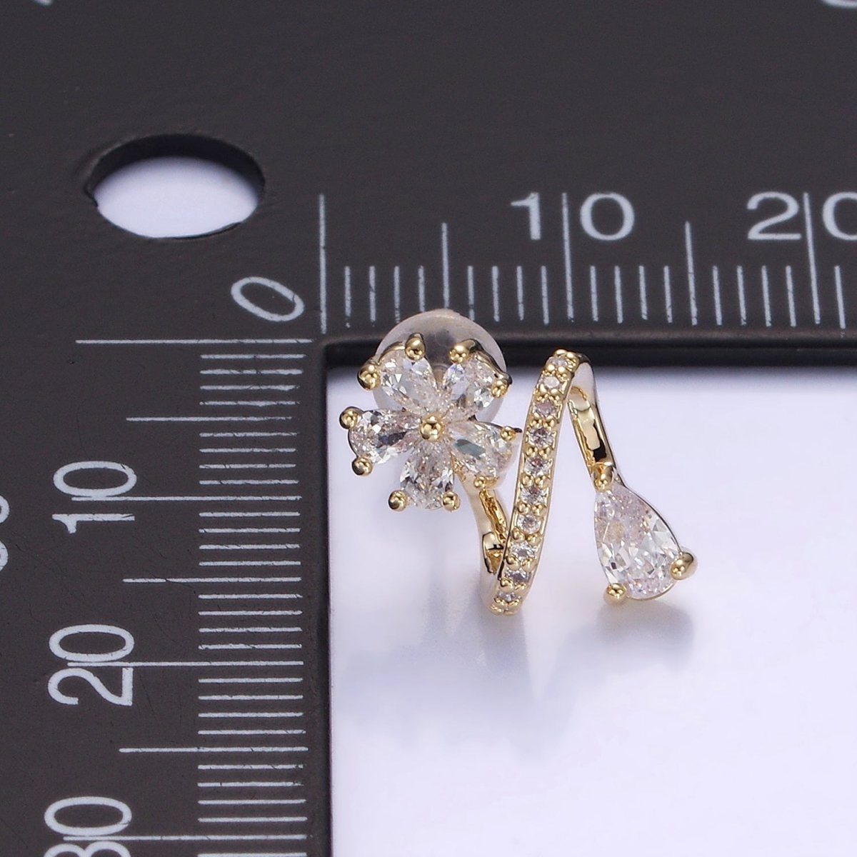 Flower CZ Teardrop Micro Paved Curved Stud Earrings in Gold & Silver | V512 V513