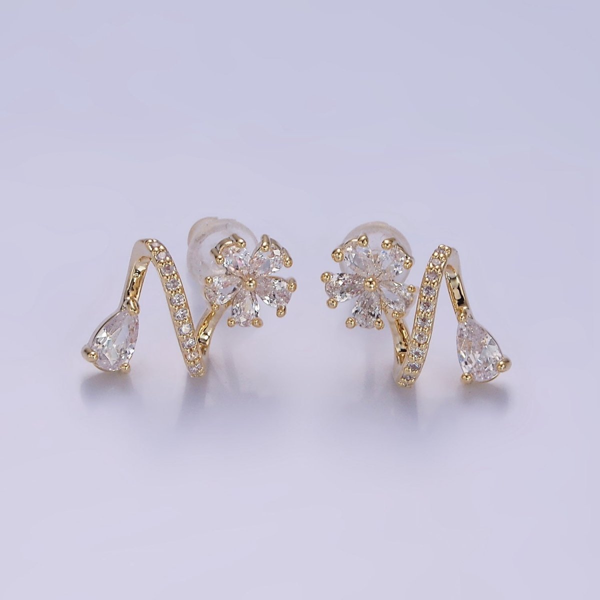 Flower CZ Teardrop Micro Paved Curved Stud Earrings in Gold & Silver | V512 V513