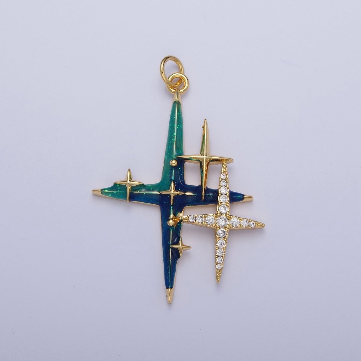 Four Pointed North Star, Micro Paved Galaxy Enamel Celestial Charm Gold Jewelry Finding | C-878