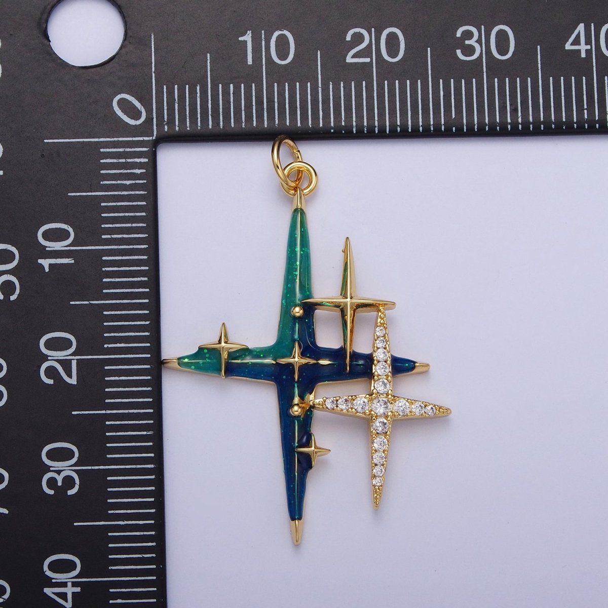 Four Pointed North Star, Micro Paved Galaxy Enamel Celestial Charm Gold Jewelry Finding | C-878