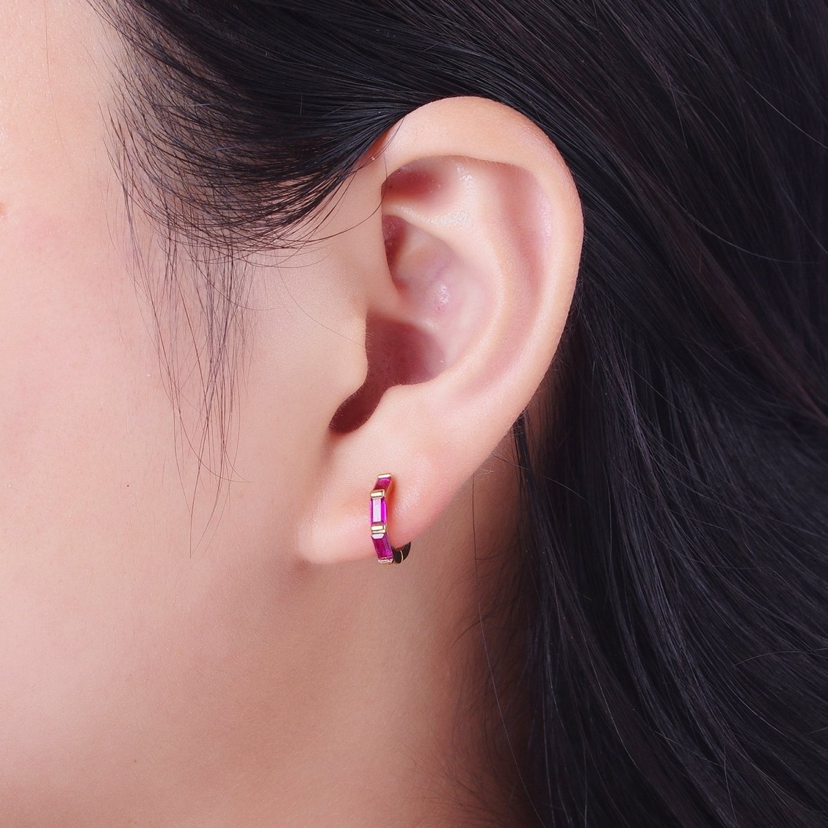 Fuchsia, Blue, Green Baguette Lined 12mm Gold Huggie Hoop Earrings | AD-155 AD-156 AD-173