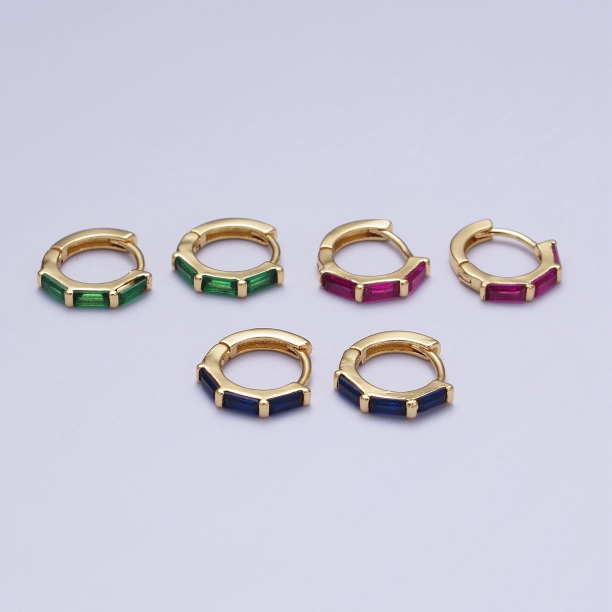 Fuchsia, Blue, Green Baguette Lined 12mm Gold Huggie Hoop Earrings | AD-155 AD-156 AD-173