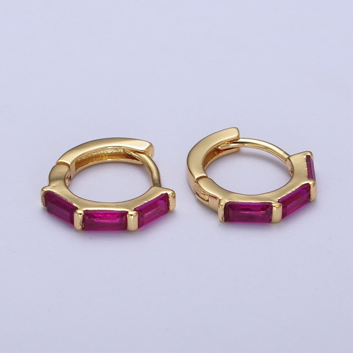 Fuchsia, Blue, Green Baguette Lined 12mm Gold Huggie Hoop Earrings | AD-155 AD-156 AD-173