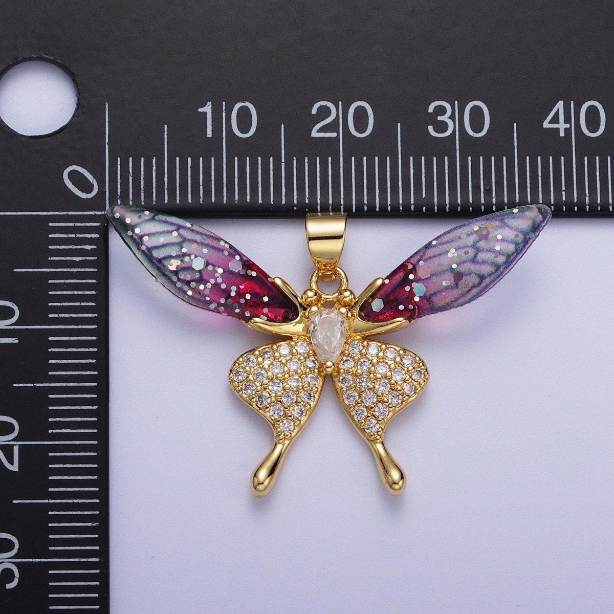 Fuchsia, Blue Micro Paved Butterfly Wings Teardrop Insect Gold Pendant H-884 H-909