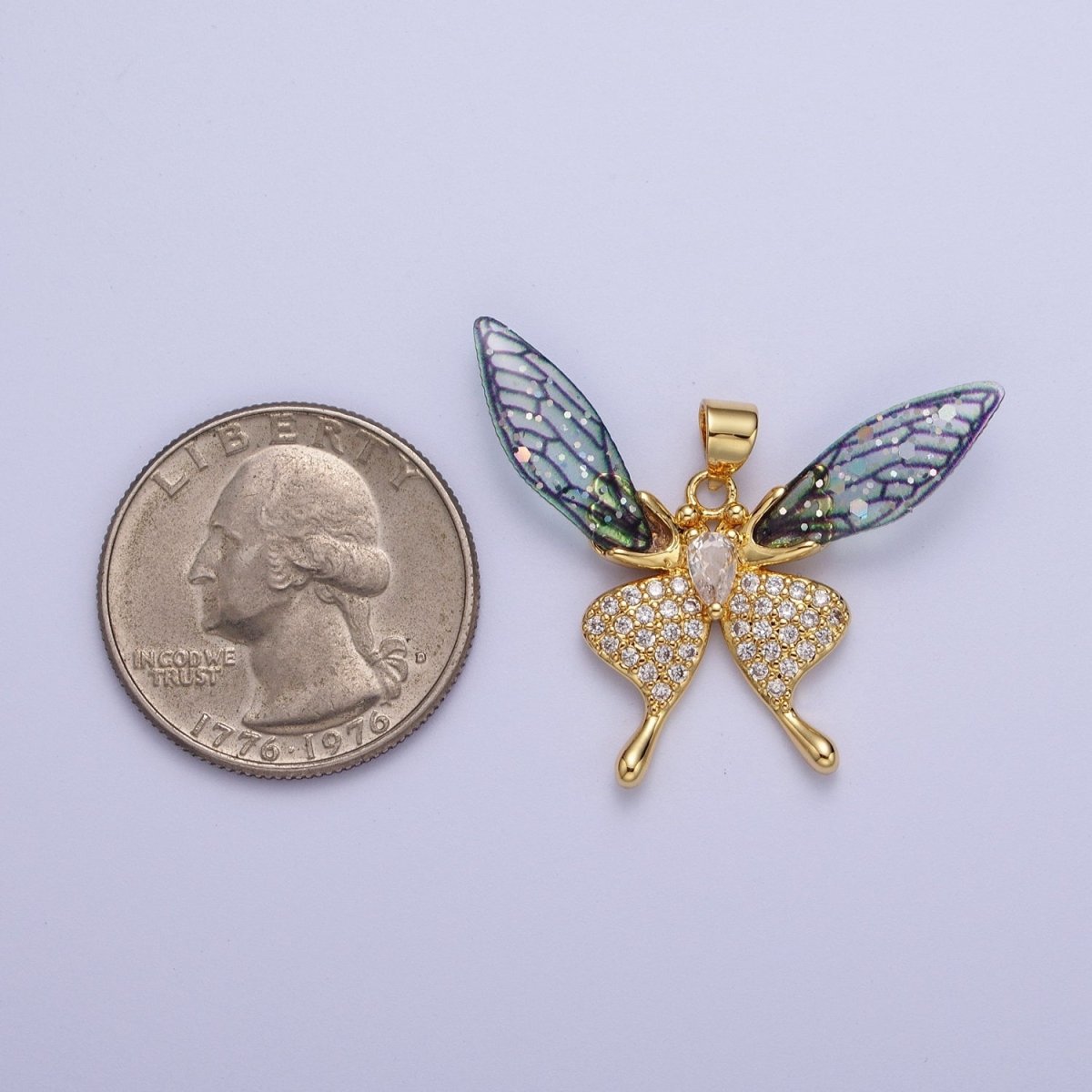 Fuchsia, Blue Micro Paved Butterfly Wings Teardrop Insect Gold Pendant H-884 H-909