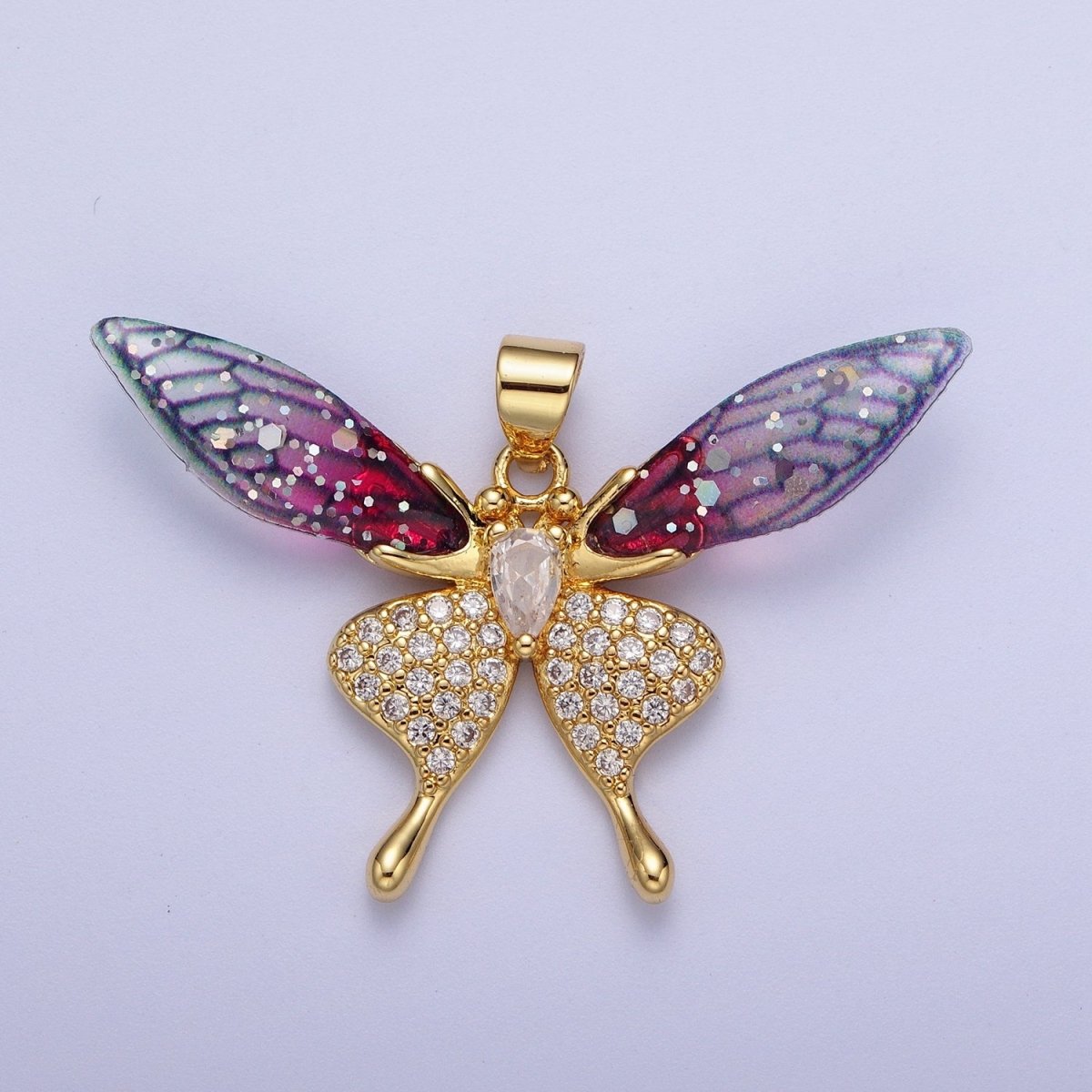 Fuchsia, Blue Micro Paved Butterfly Wings Teardrop Insect Gold Pendant H-884 H-909