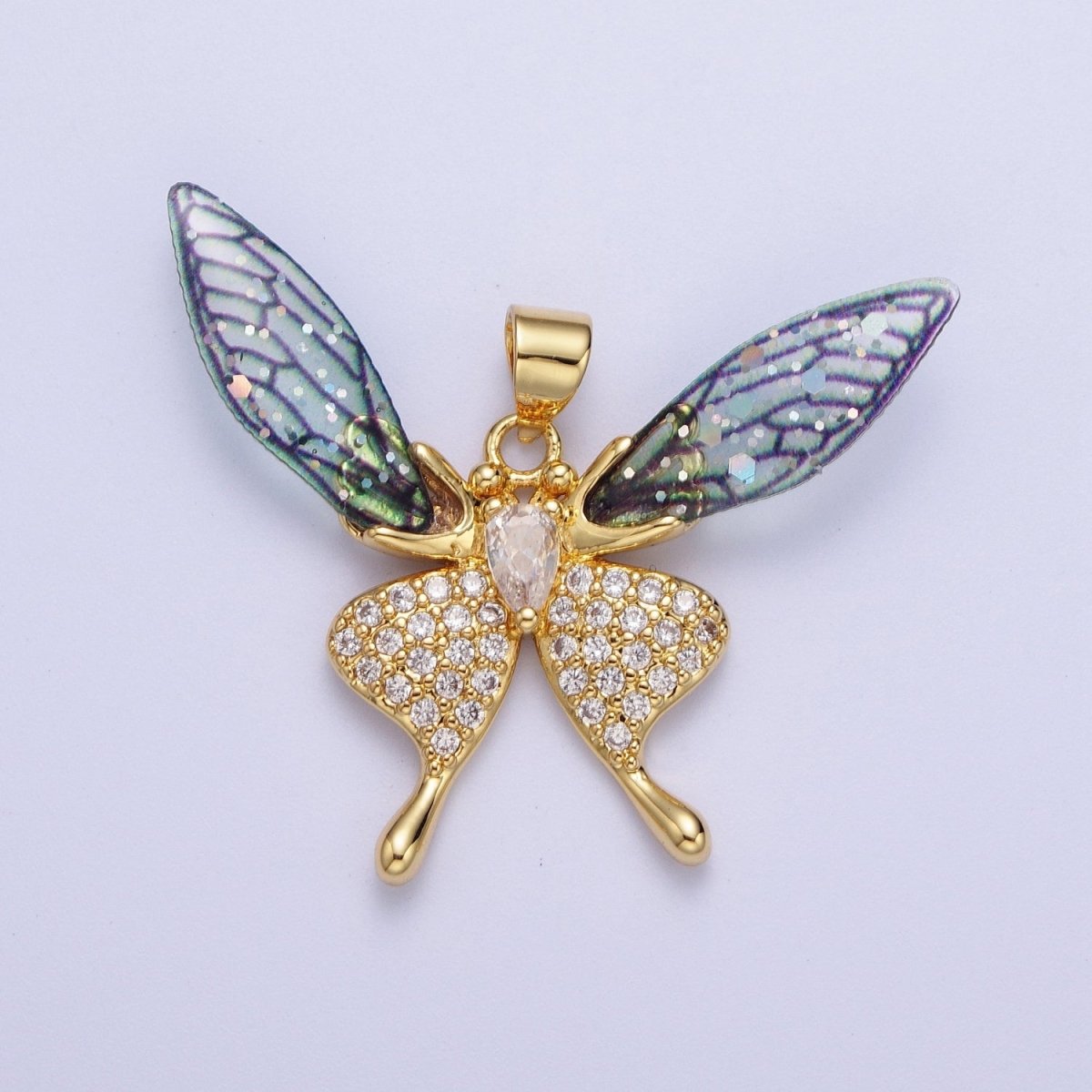 Fuchsia, Blue Micro Paved Butterfly Wings Teardrop Insect Gold Pendant H-884 H-909