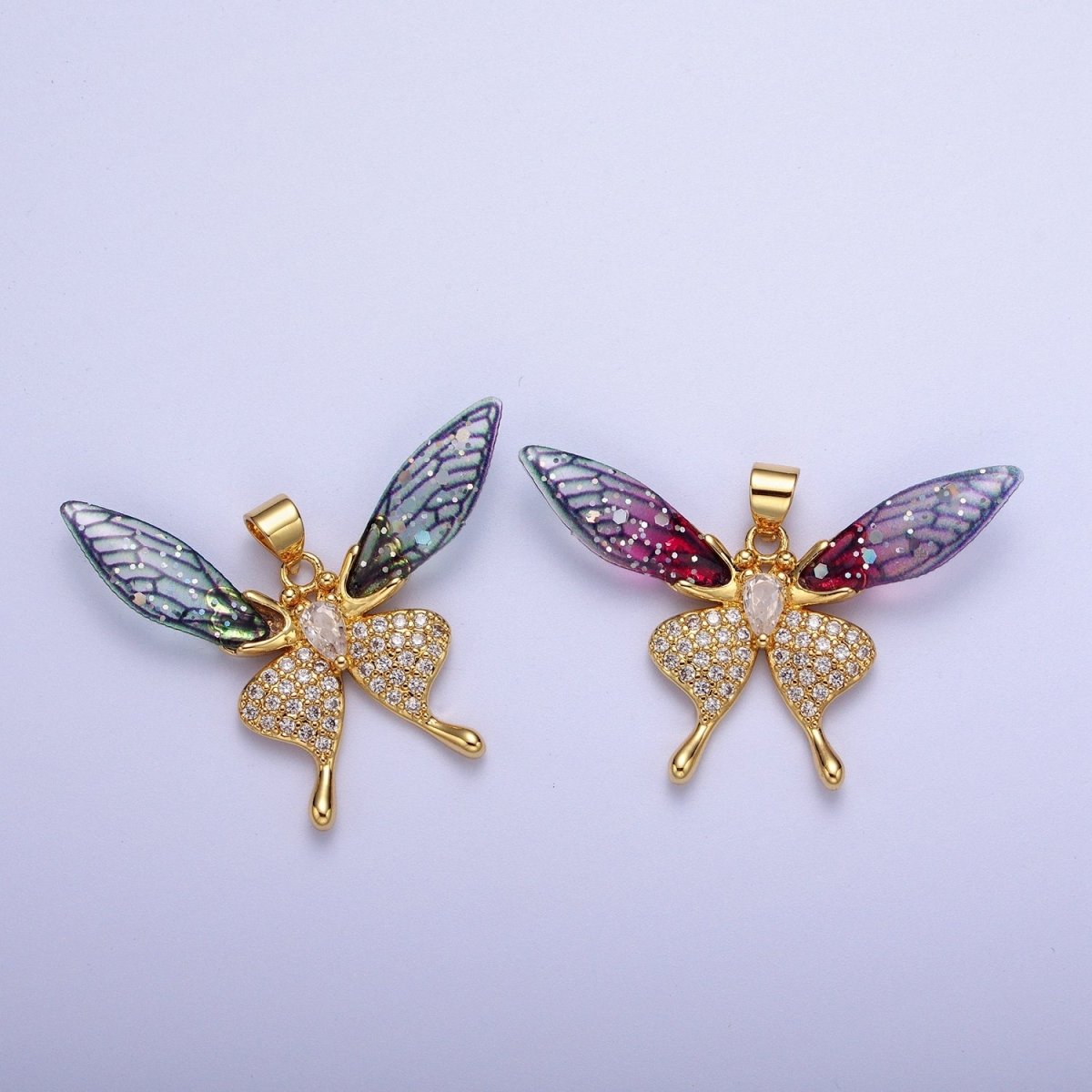 Fuchsia, Blue Micro Paved Butterfly Wings Teardrop Insect Gold Pendant H-884 H-909