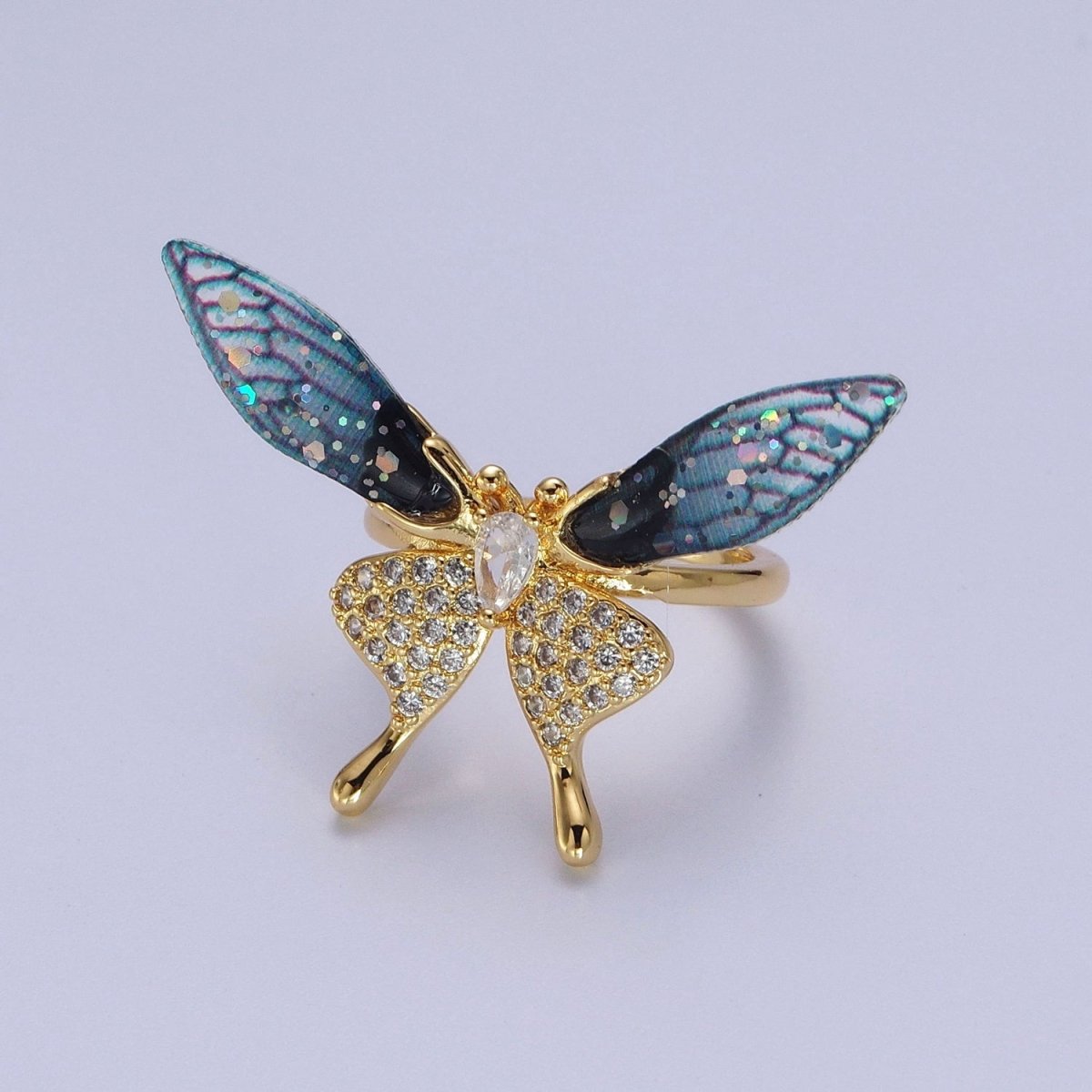 Fuchsia, Blue Micro Paved Butterfly Wings Teardrop Insect Gold Rings | O-100 O-101