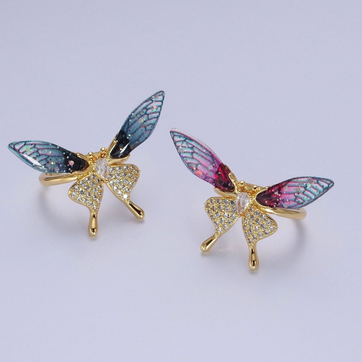 Fuchsia, Blue Micro Paved Butterfly Wings Teardrop Insect Gold Rings | O-100 O-101