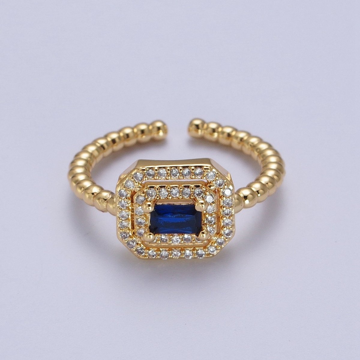 Fuchsia, Clear, Blue, Green Baguette Cubic Zirconia Gold Beaded Adjustable Ring | O-064~O-067