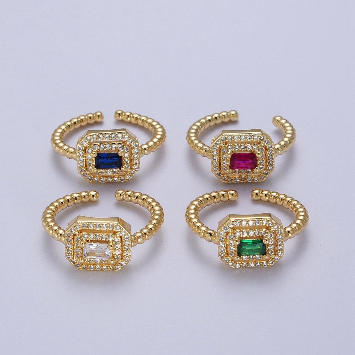 Fuchsia, Clear, Blue, Green Baguette Cubic Zirconia Gold Beaded Adjustable Ring | O-064~O-067