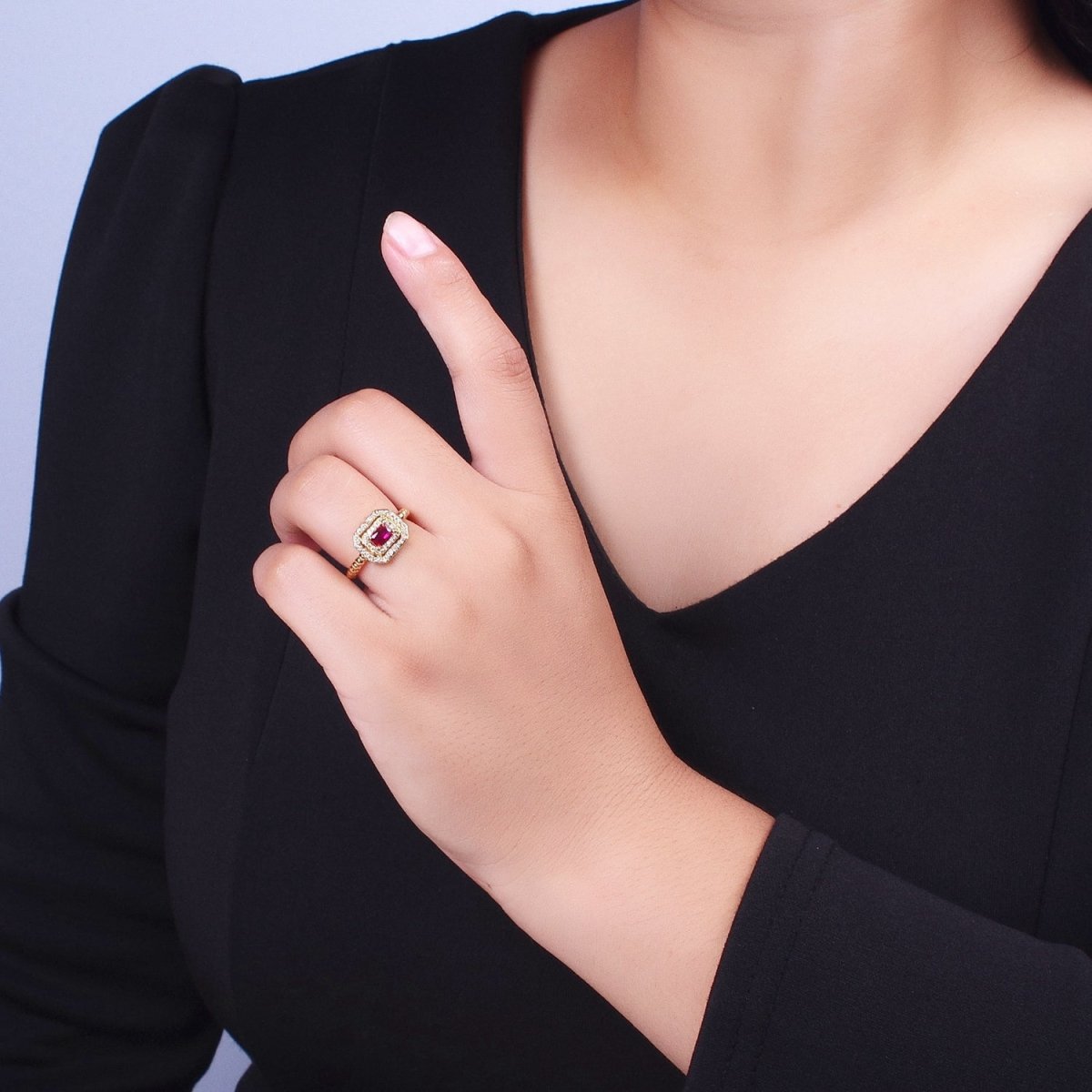 Fuchsia, Clear, Blue, Green Baguette Cubic Zirconia Gold Beaded Adjustable Ring | O-064~O-067