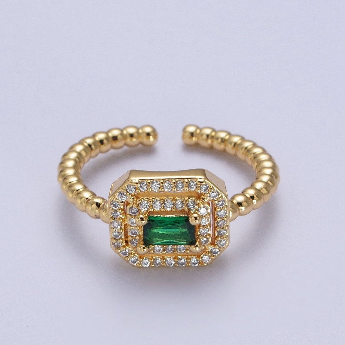 Fuchsia, Clear, Blue, Green Baguette Cubic Zirconia Gold Beaded Adjustable Ring | O-064~O-067