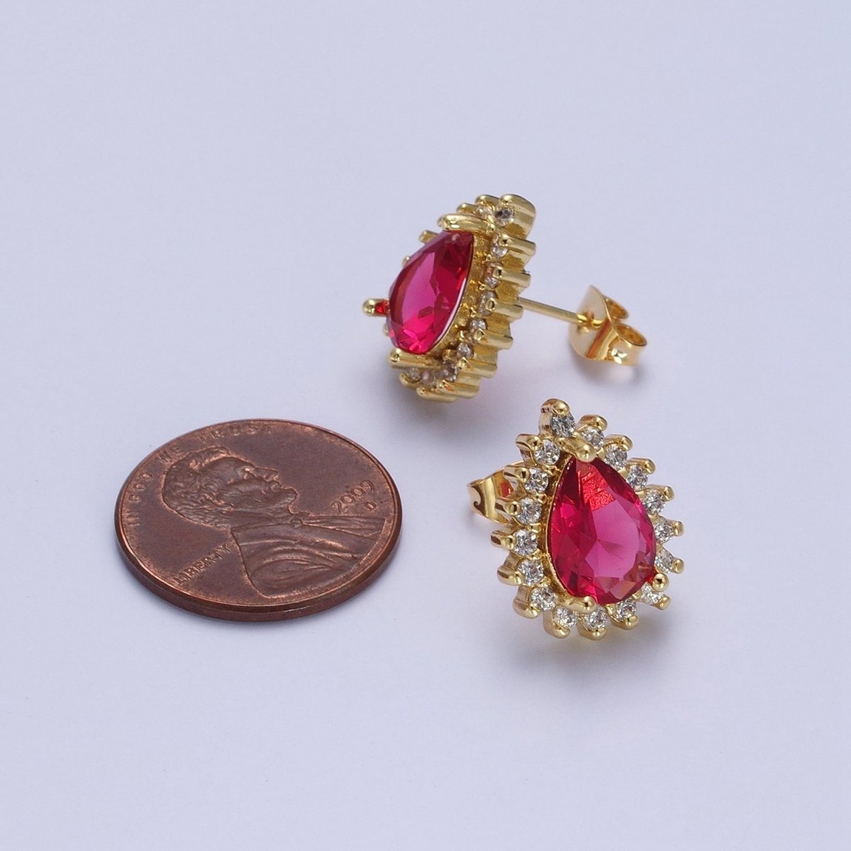 Fuchsia & Clear Teardrop Cubic Zirconia Celestial Sun Burst Gold Stud Earrings | X-926 - DLUXCA