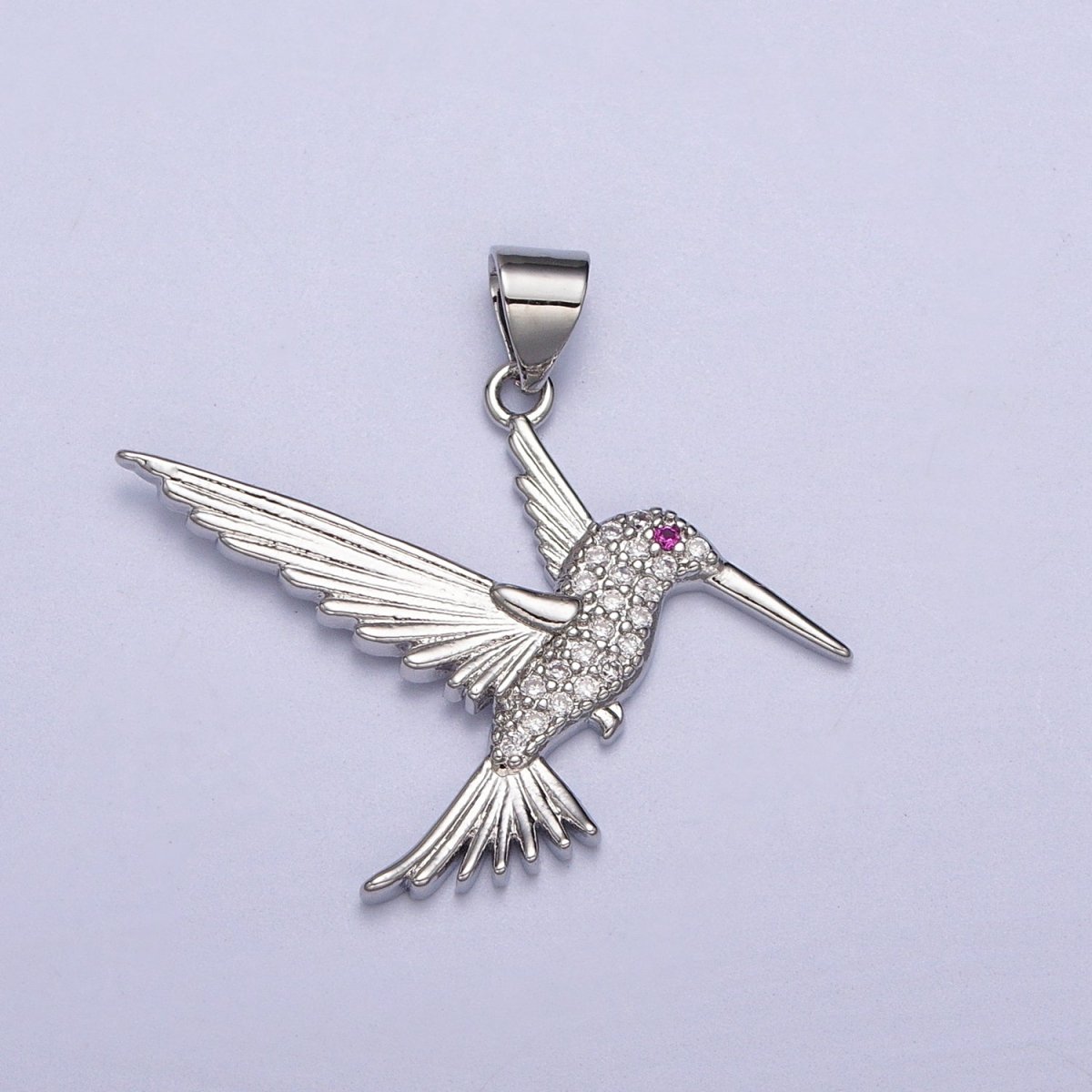 Fuchsia-Eyed Flying Hummingbird Micro Paved CZ Pendant in Gold & Silver | AA001 AA006
