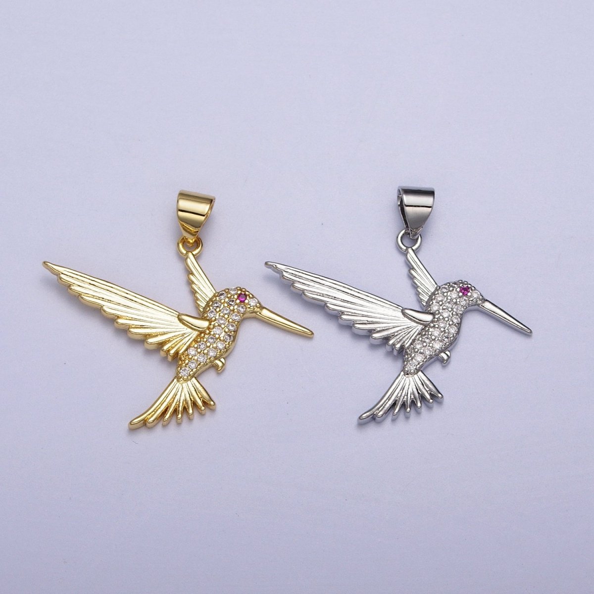 Fuchsia-Eyed Flying Hummingbird Micro Paved CZ Pendant in Gold & Silver | AA001 AA006