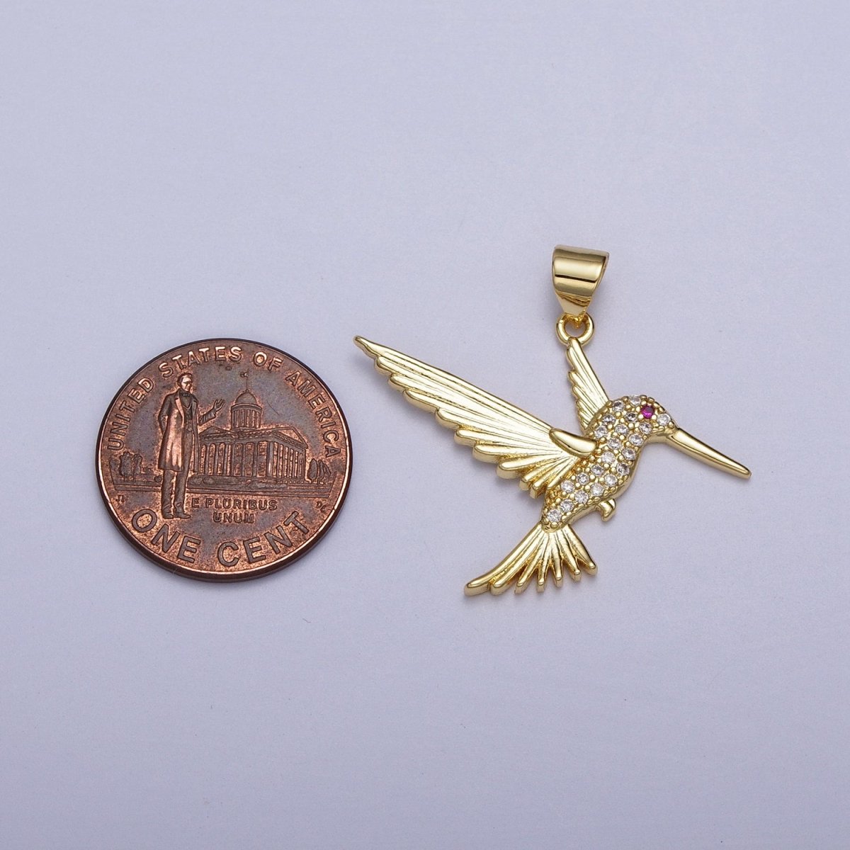 Fuchsia-Eyed Flying Hummingbird Micro Paved CZ Pendant in Gold & Silver | AA001 AA006