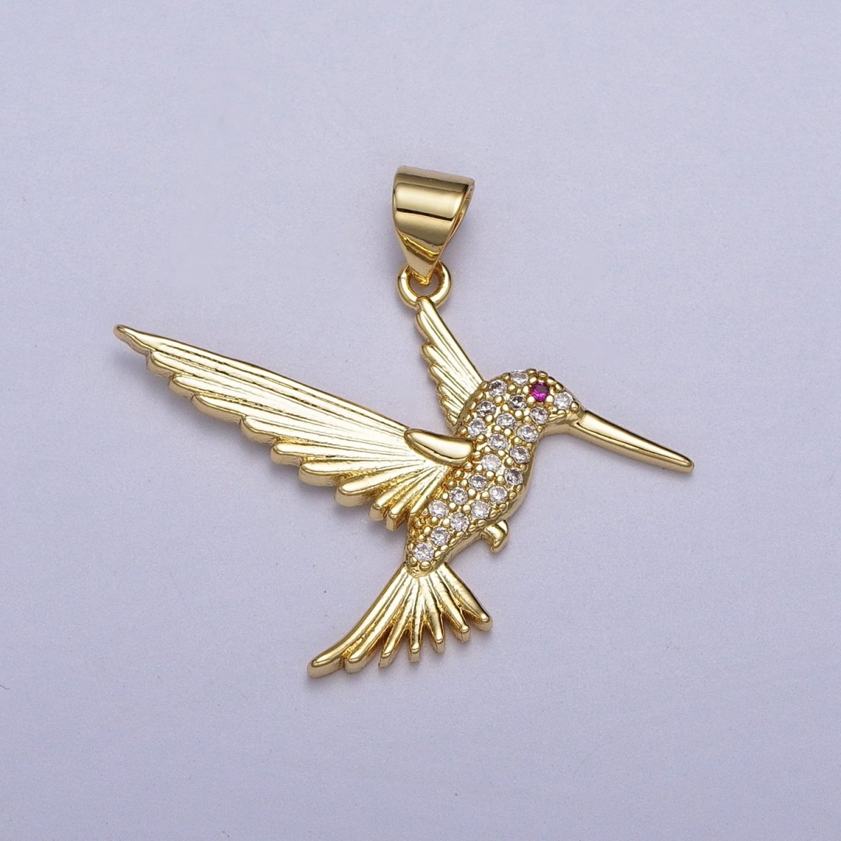 Fuchsia-Eyed Flying Hummingbird Micro Paved CZ Pendant in Gold & Silver | AA001 AA006