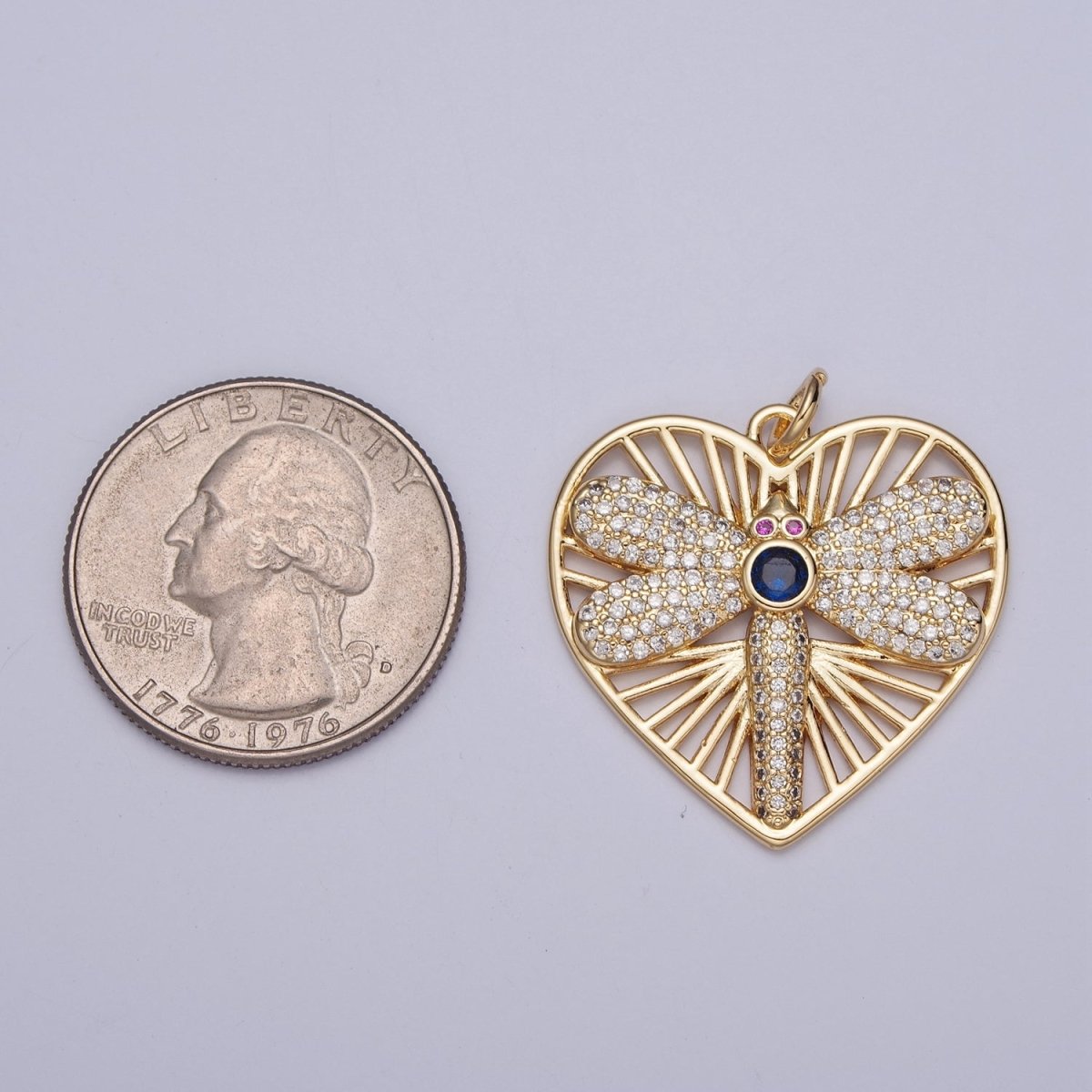 Fuchsia-Eyed Micro Paved CZ Dragonfly Geometric Bar Heart Charm | X-131