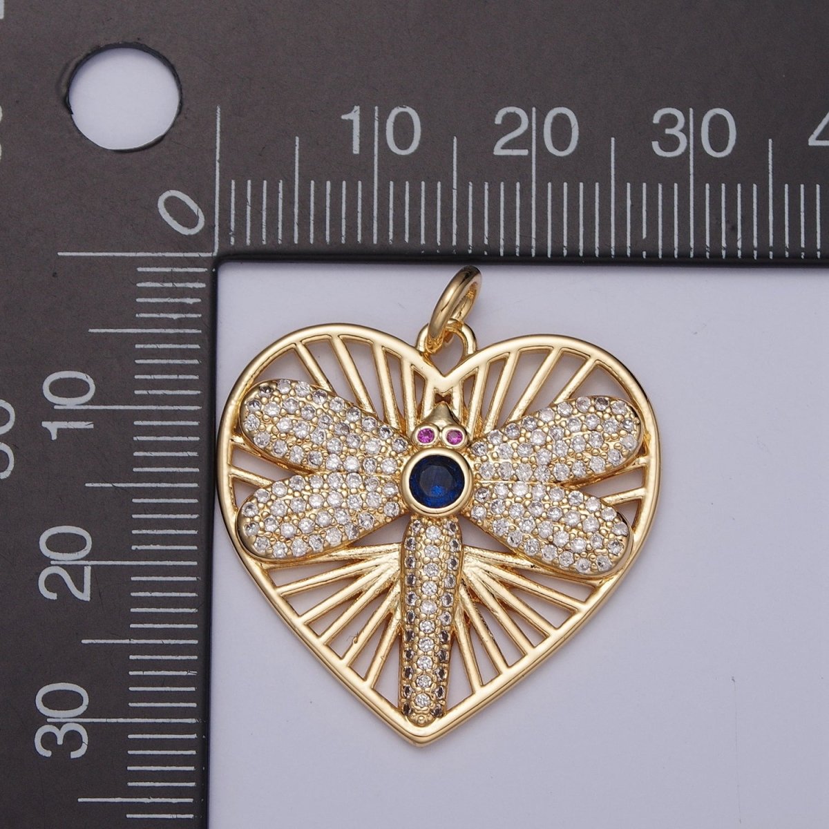 Fuchsia-Eyed Micro Paved CZ Dragonfly Geometric Bar Heart Charm | X-131