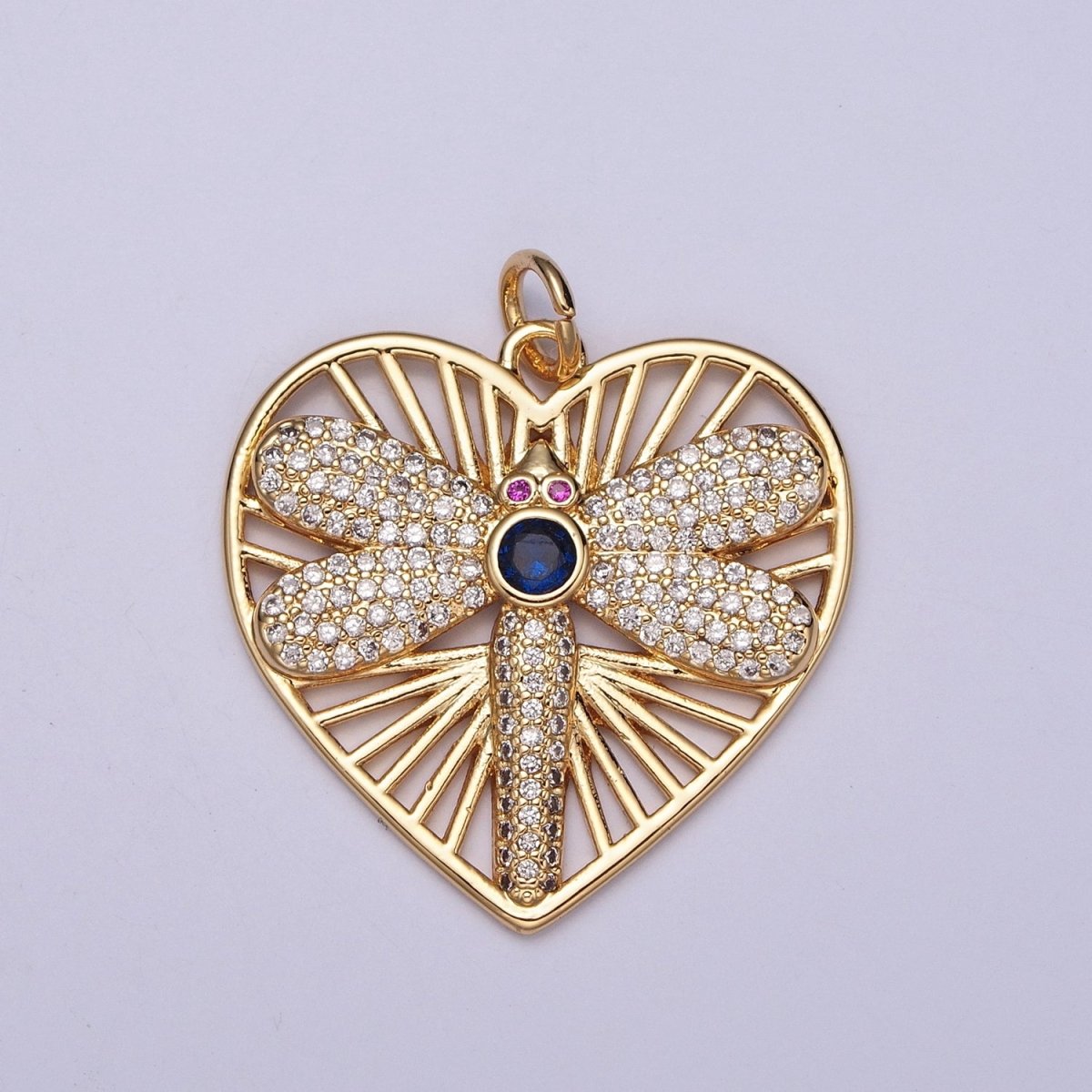 Fuchsia-Eyed Micro Paved CZ Dragonfly Geometric Bar Heart Charm | X-131