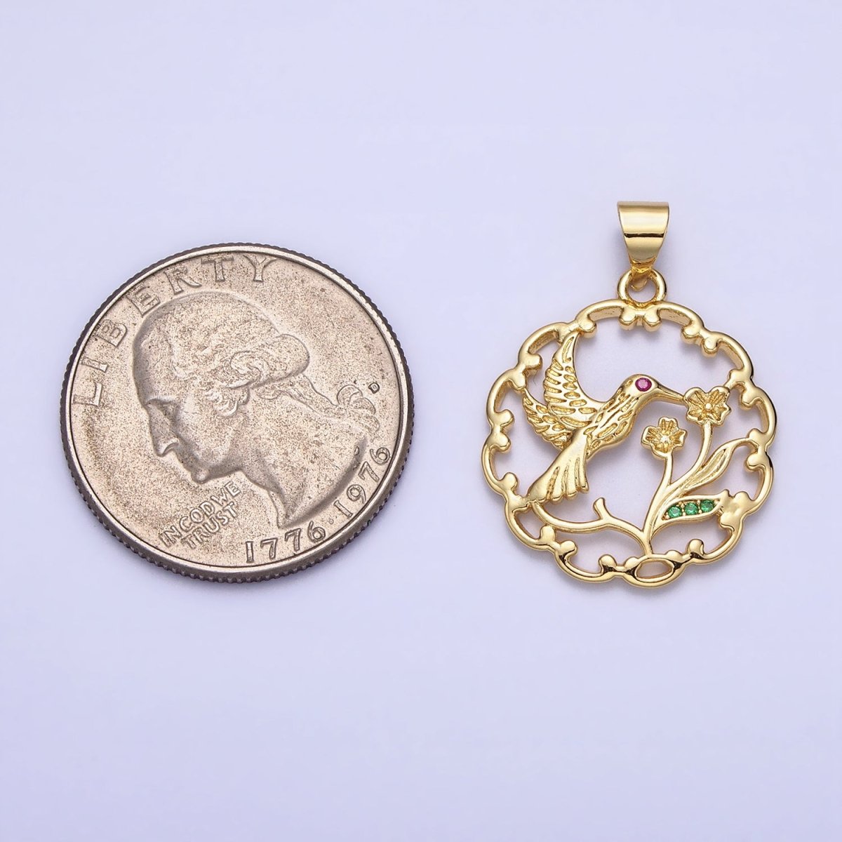 Fuchsia-Eyed Nature Hummingbird & Flower Plant Open Gold Pendant | AA154 - DLUXCA