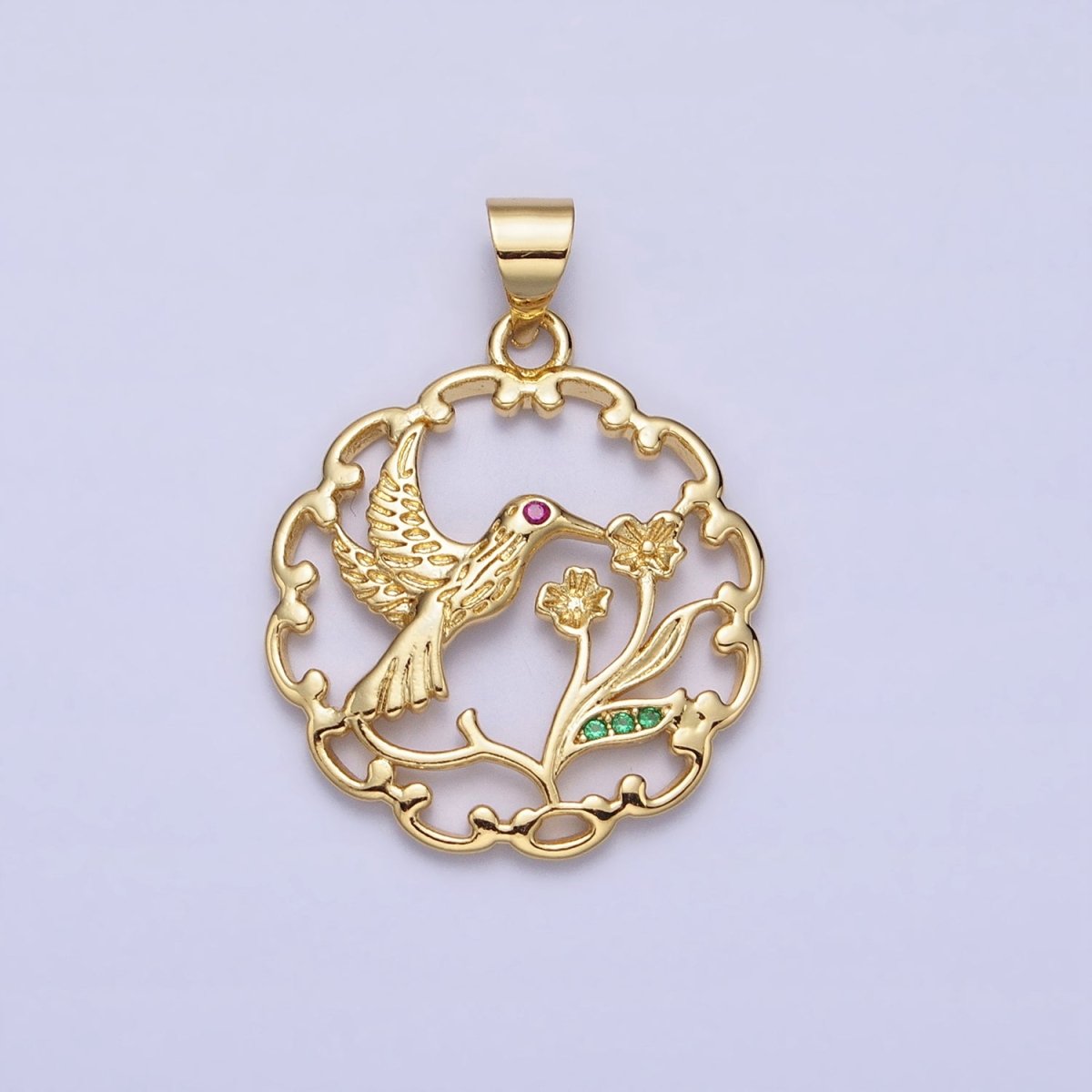 Fuchsia-Eyed Nature Hummingbird & Flower Plant Open Gold Pendant | AA154 - DLUXCA