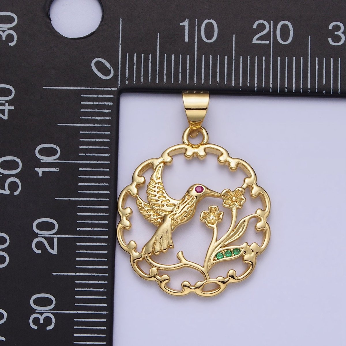 Fuchsia-Eyed Nature Hummingbird & Flower Plant Open Gold Pendant | AA154 - DLUXCA