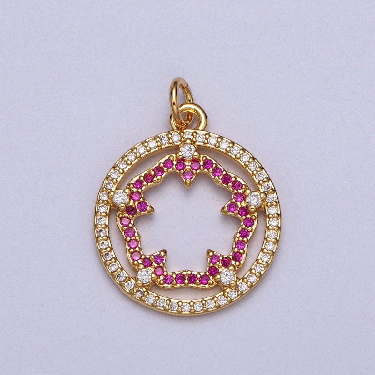 Fuchsia Flower Outline Micro Paved Clear CZ Open Round Gold Charm | AC018 - DLUXCA
