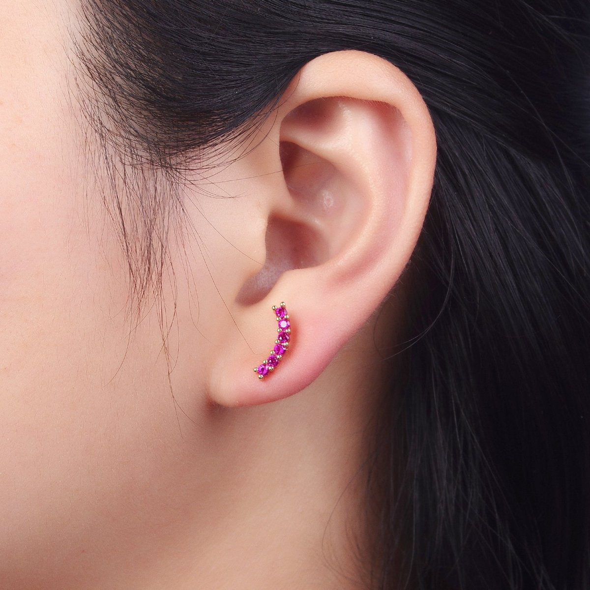 Fuchsia, Green, Clear, Turquoise Micro Paved Arc Line Gold Stud | AB043 - AB046