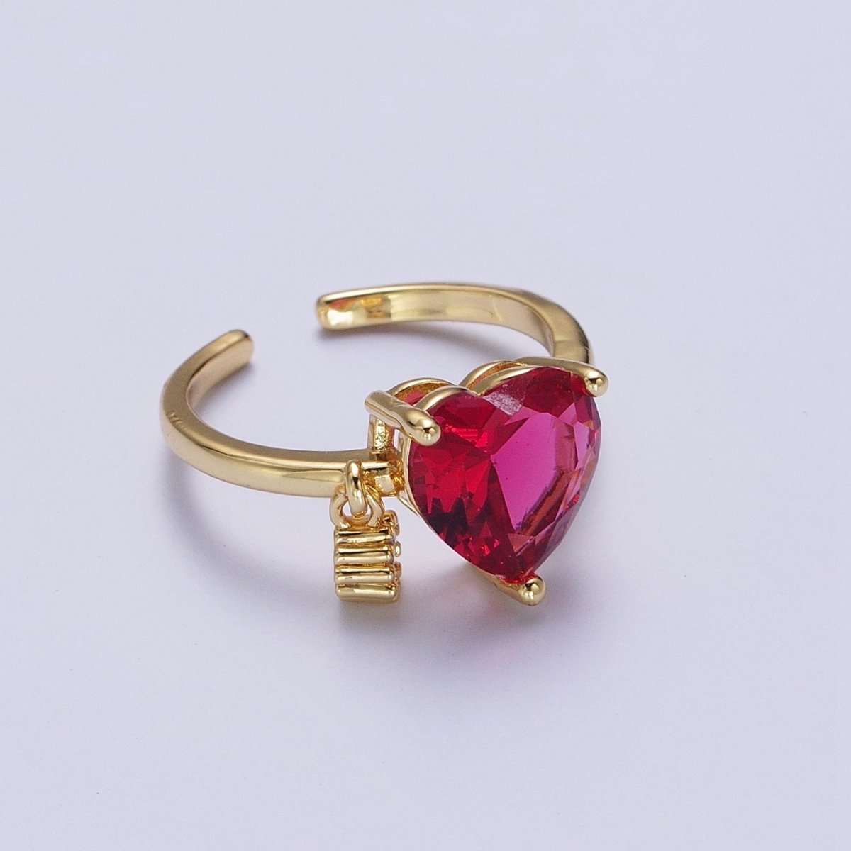 Fuchsia Heart Cubic Zirconia Dangle Charm Adjustable Gold Ring | Y-320 - DLUXCA