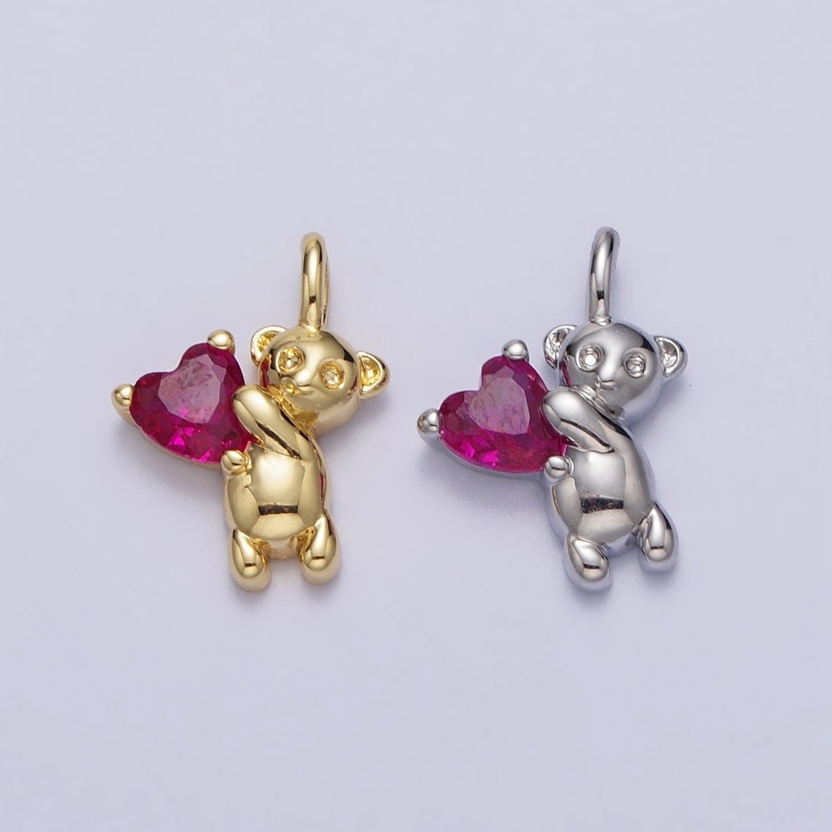 Fuchsia Heart CZ Teddy Bear Mini Charm in Gold & Silver | AC222 AC223