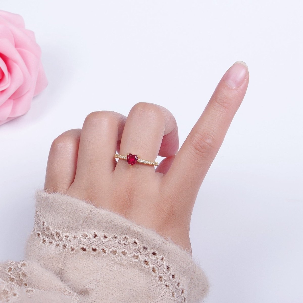 Fuchsia Pink Heart Micro Pave Cubic Zirconia Band Adjustable Ring R-029