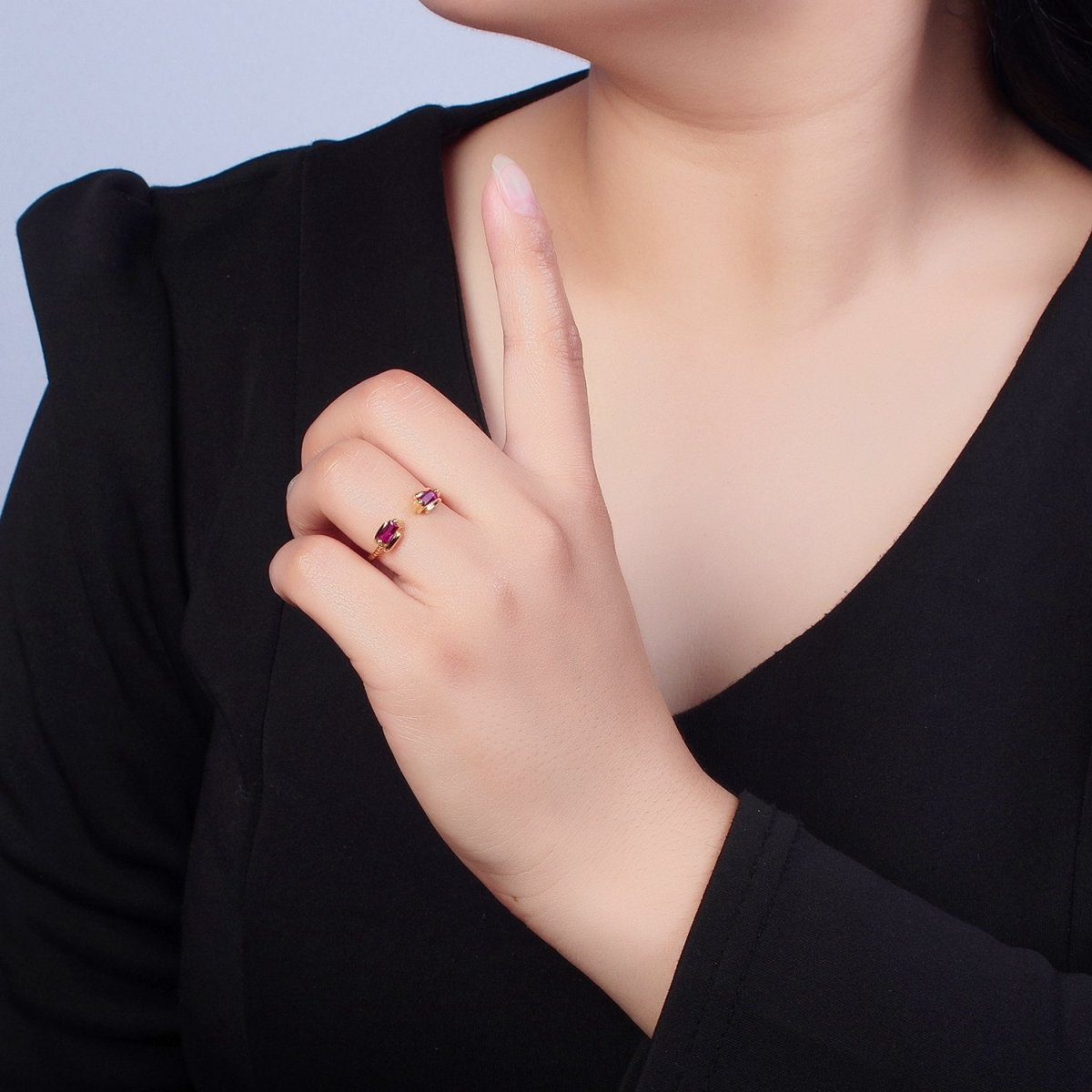 Fuchsia Ring Pink CZ Ring Twisted Gold Band Adjustable Ring O-754 - DLUXCA