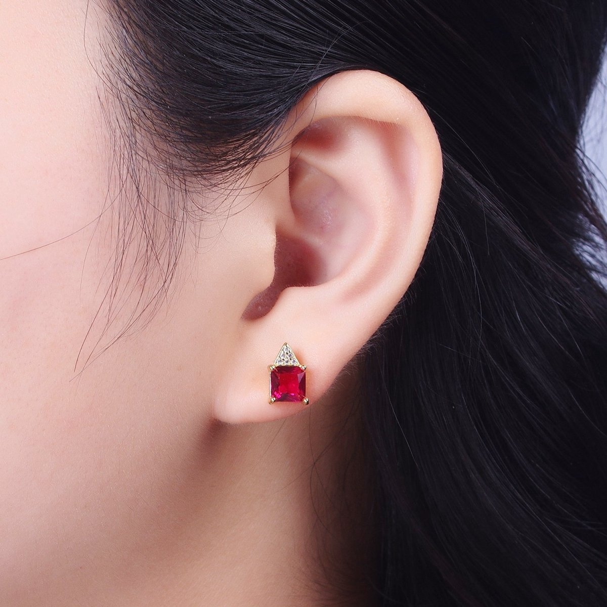 Fuchsia Square Baguette Cubic Zirconia Triangle Micro Paved CZ Stud Geometric Earrings | X-936 - DLUXCA
