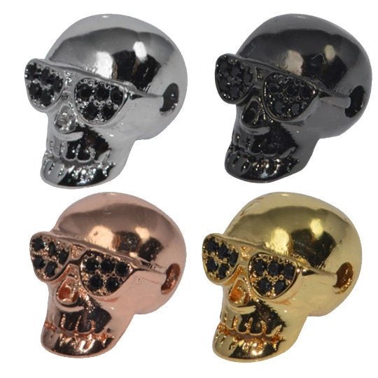 Funky Skull Bead Rocker Glasses Crystal CZ Pave Gold Silver Black Bracelet Charm Spacer Connector Beads Findings Jewelry Making B-330