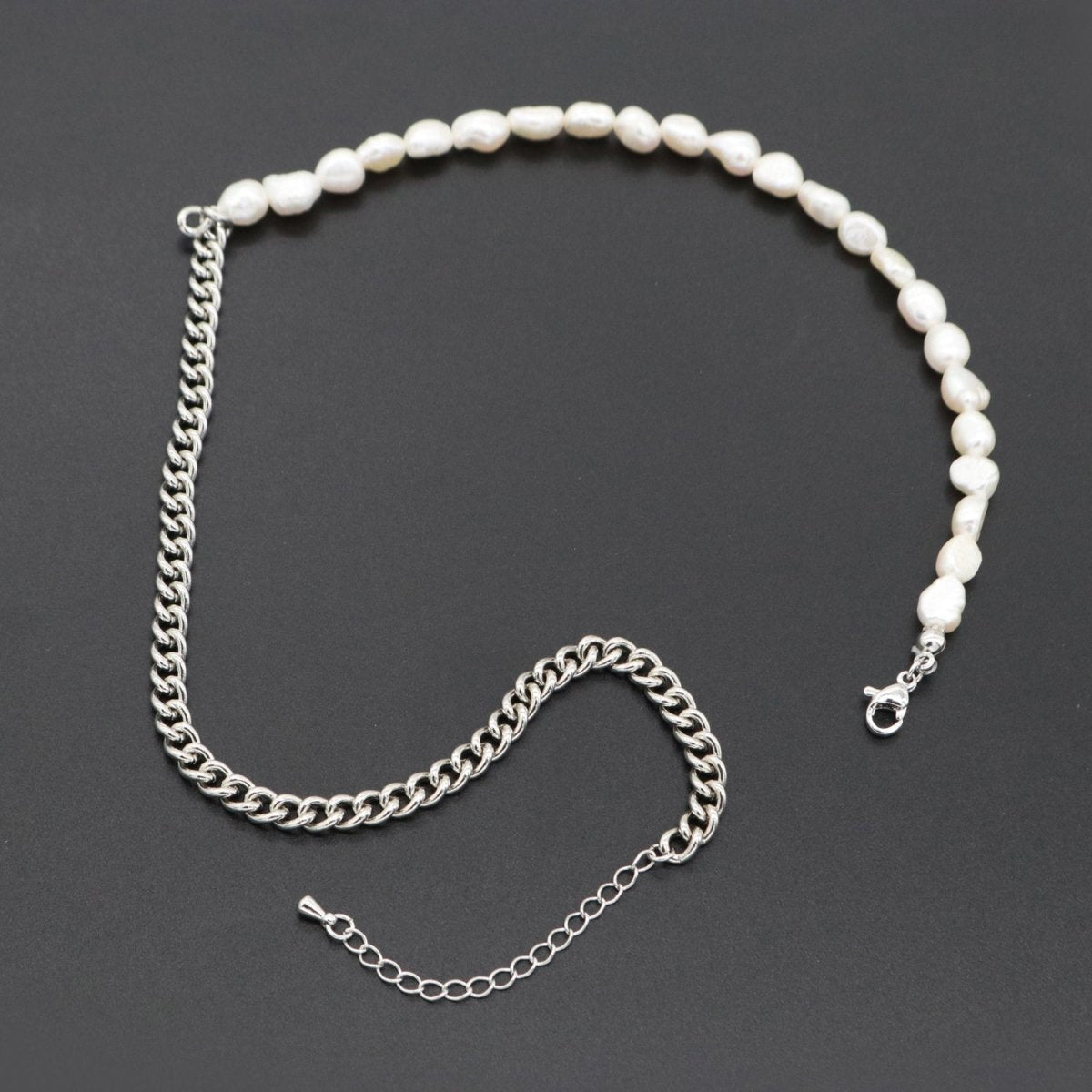 Fusion Baroque Fresh Water Pearl Silver Rolo Chain Link Necklace Unisex Jewelry | WA-286 Clearance Pricing - DLUXCA