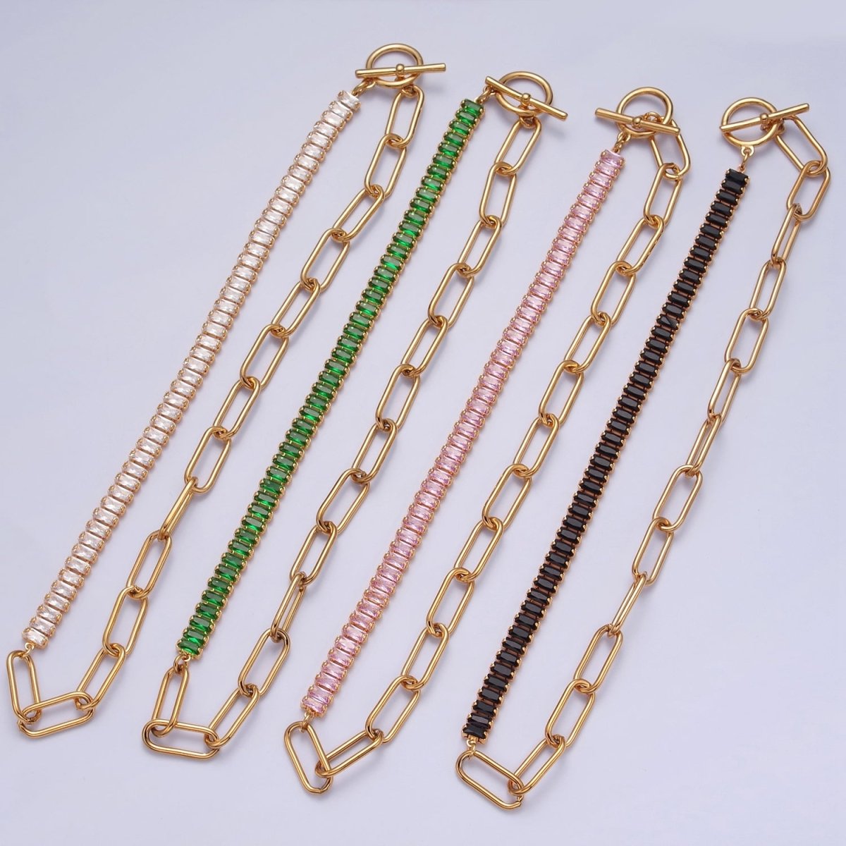 Fusion Necklace Half Baguette Tennis Chain, Half Paper Clip Chain, Statement 24K Gold Filled Necklace with Toggle | WA-945 WA-946 WA-949 WA-950 Clearance Pricing