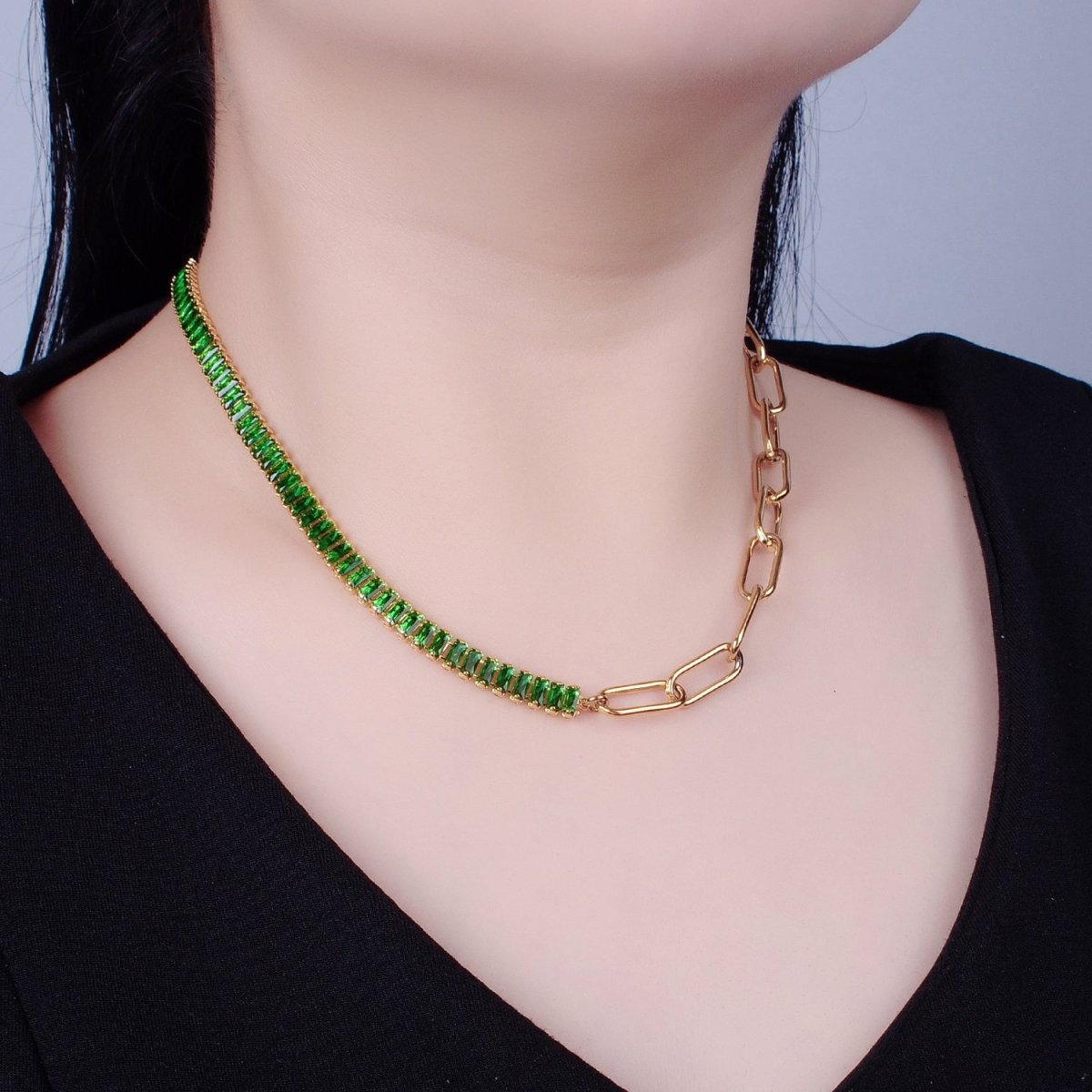 Fusion Necklace Half Baguette Tennis Chain, Half Paper Clip Chain, Statement 24K Gold Filled Necklace with Toggle | WA-945 WA-946 WA-949 WA-950 Clearance Pricing
