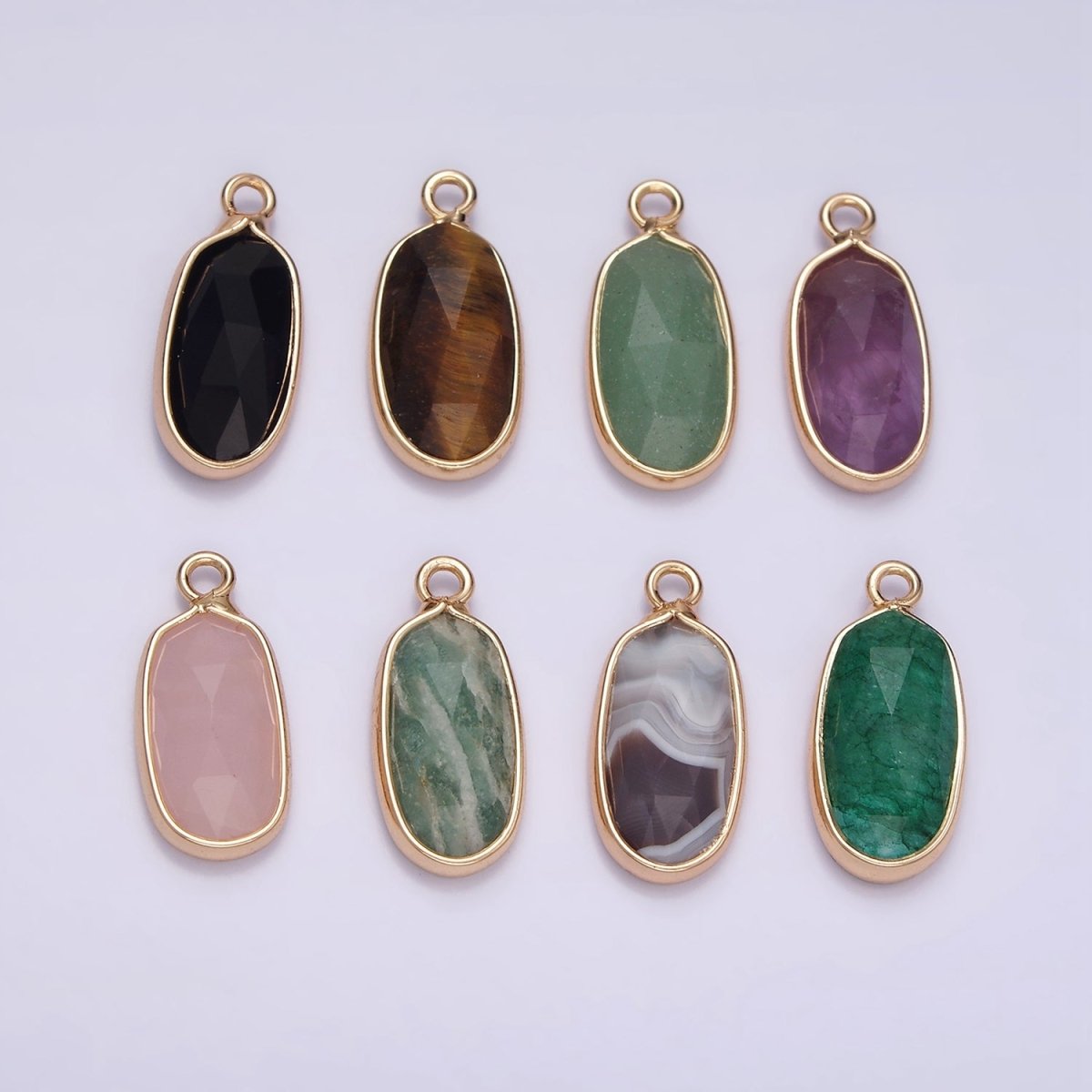 Gemstone Faceted Oval Gold Edge Pendant Charm Rose Quartz Onyx Amazon Charm N-1705 - N-1712